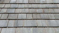 Close-up of some hard-plank shingles.